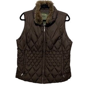Eddie Bauer Vest Women Size Large Goose Down Puffer Jacket Faux Fur Collar Brown
